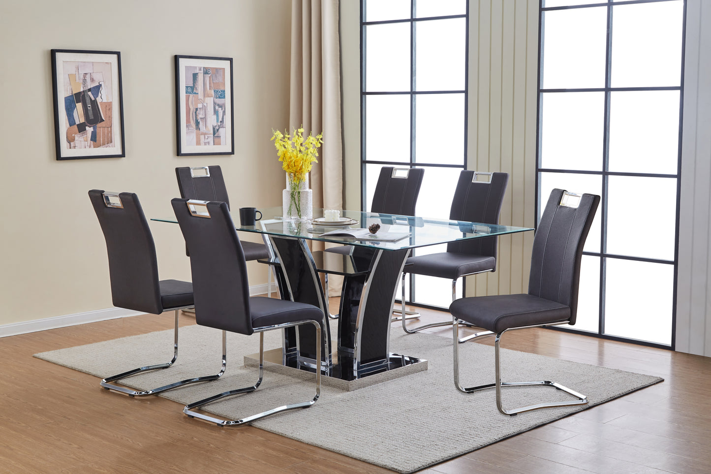 Fatima Dining Glass Table Set - 5 Piece Set - Gray chrome finish