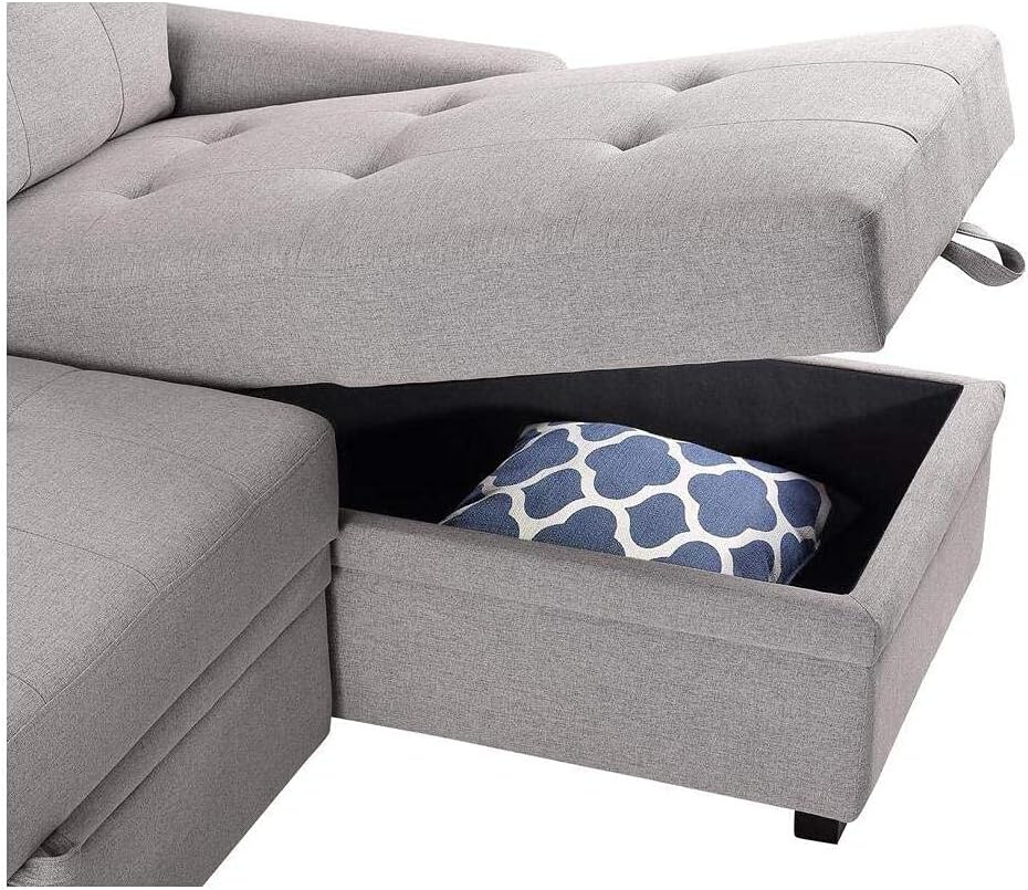 Luca Light Gray Linen Reversible Sleeper Sectional Sofa with Storage Chaise