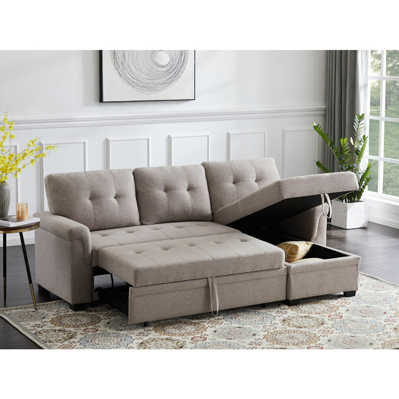 Luca Light Gray Linen Reversible Sleeper Sectional Sofa with Storage Chaise