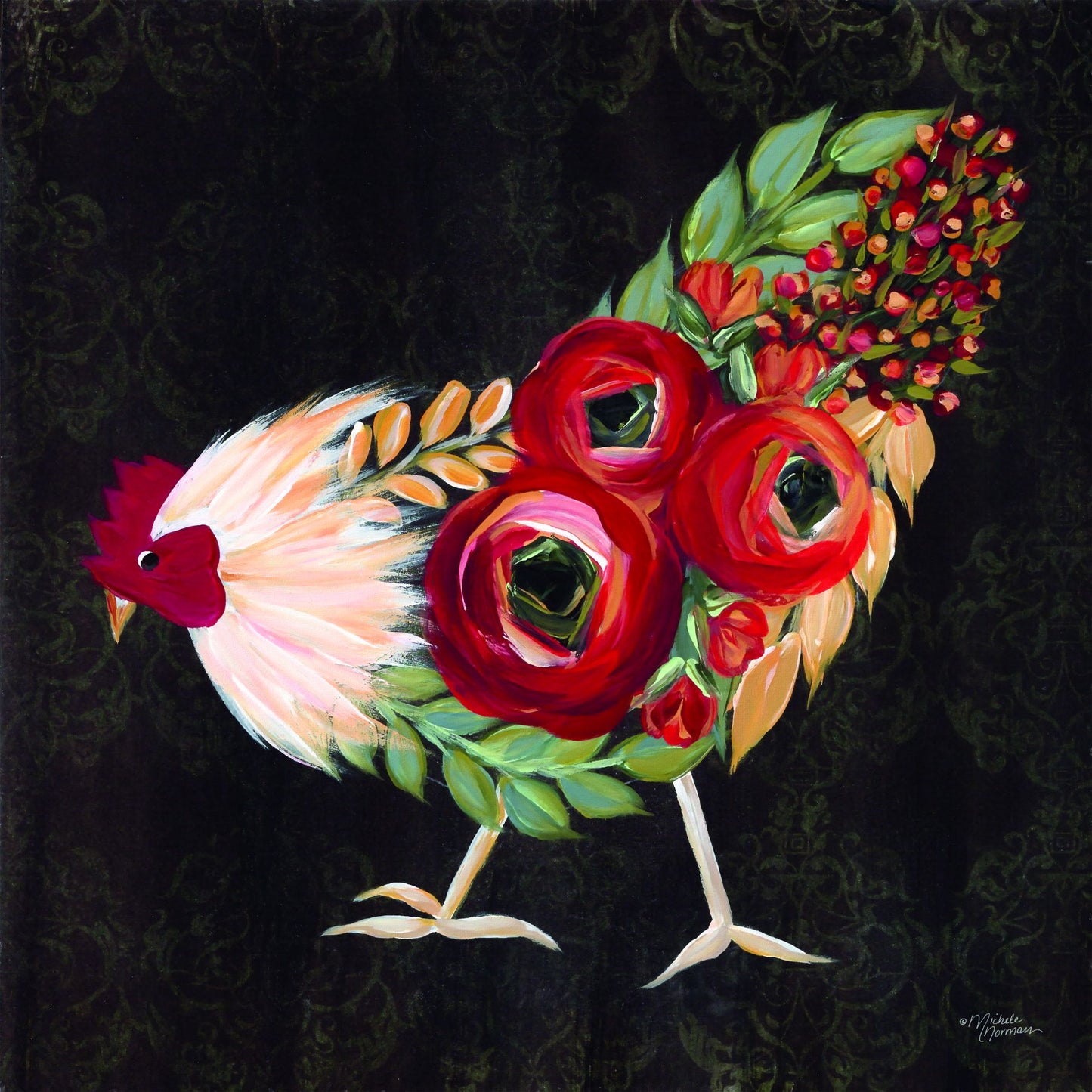 Framed Small - Botanical Rooster By Michele Norman