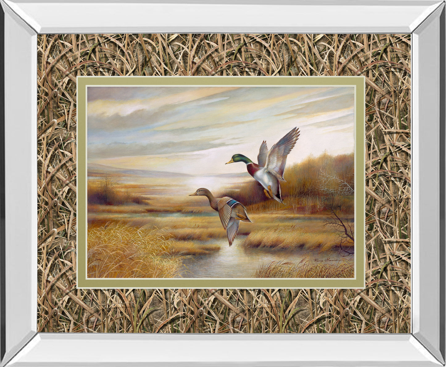 Mallards By Ruanne Manning And Mossy Oak Native Living - Mirror Framed Print Wall Art - Dark Brown