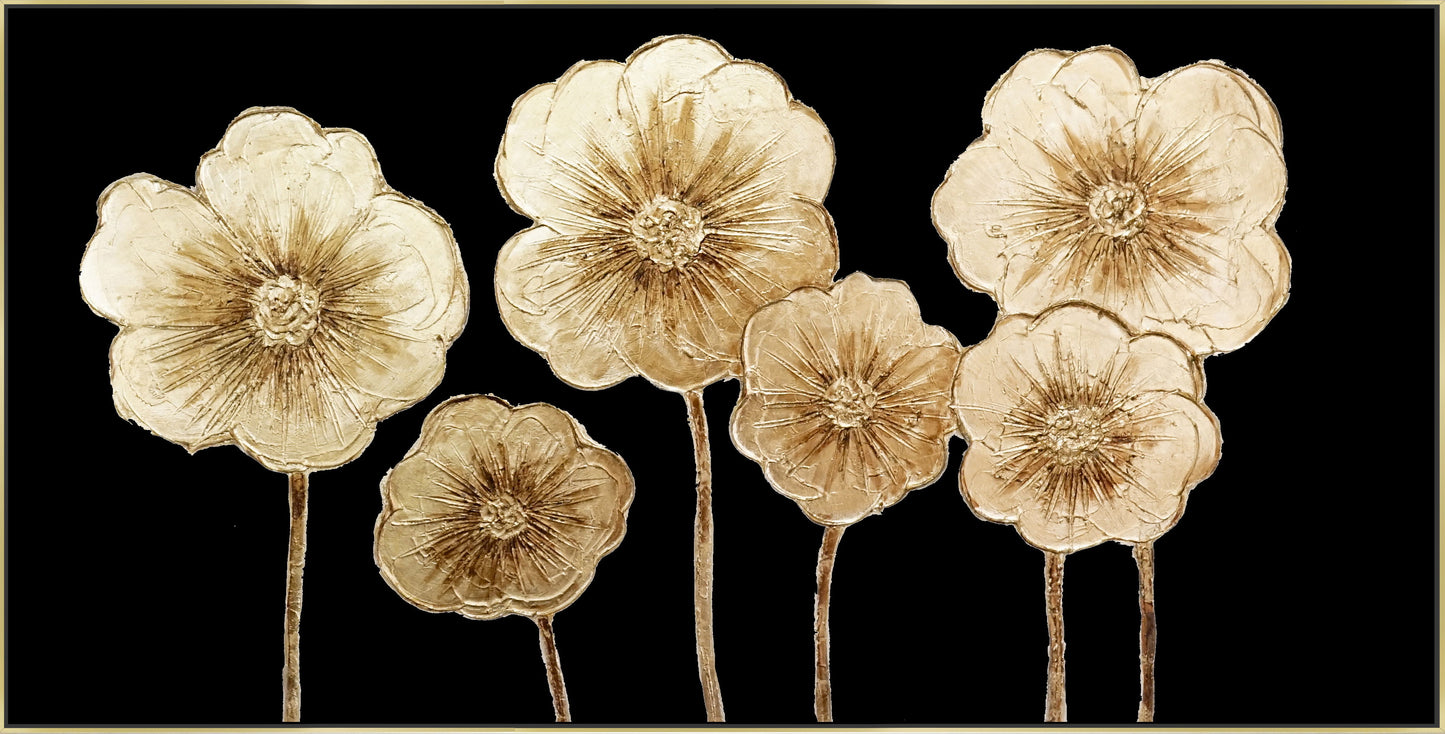 Hand Painted Textured Canvas With Foil In Frame Flowers 28 x 55