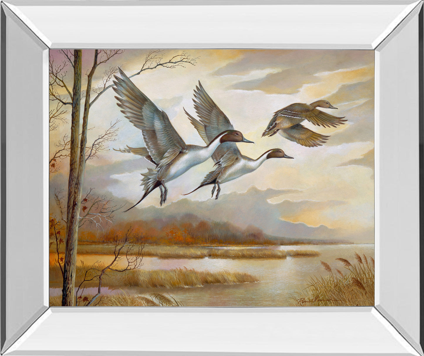 Pintails By Ruanne Manning And Mossy Oak Native Living - Mirror Framed Print Wall Art - Gold