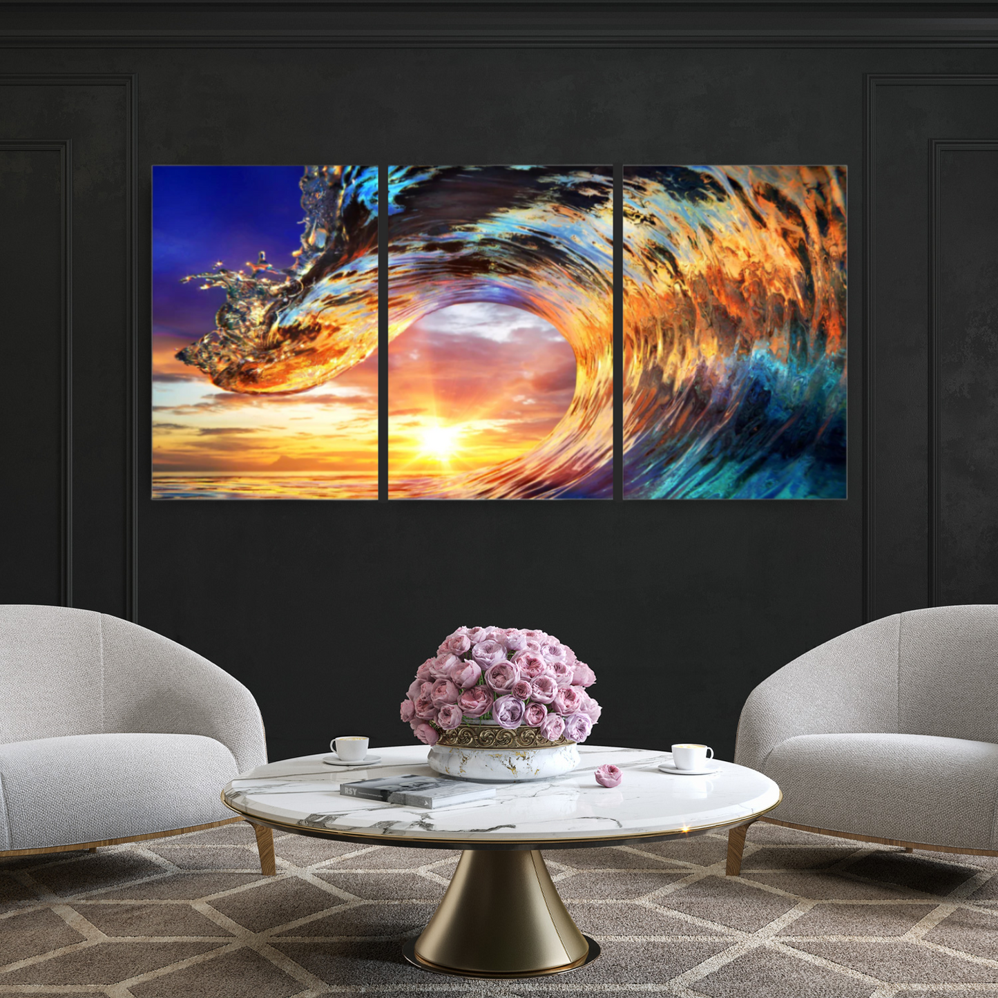 Ocean wave sunset 3 piece tempered glass wall art