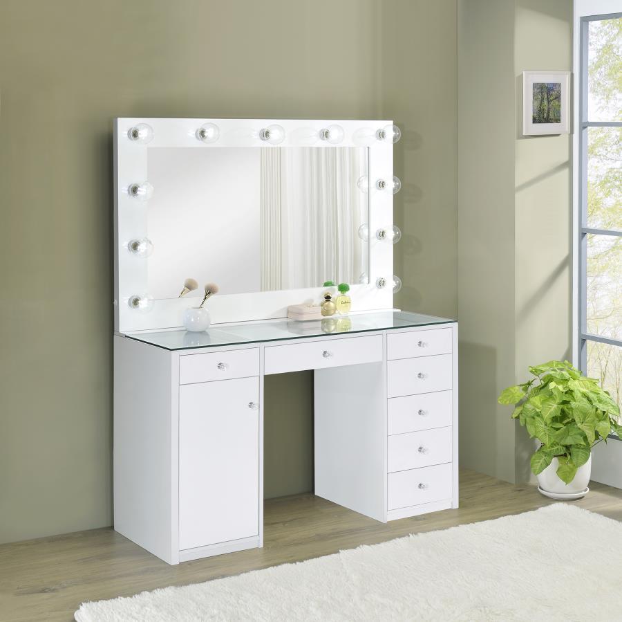 Percy - 7-Drawer Hollywood Glass Top Vanity Desk With Lighting - White