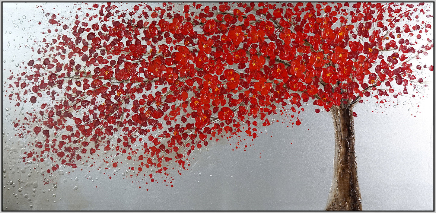 Hand Painted Textured Canvas With Foil In Frame Tree In Red 28 x 55