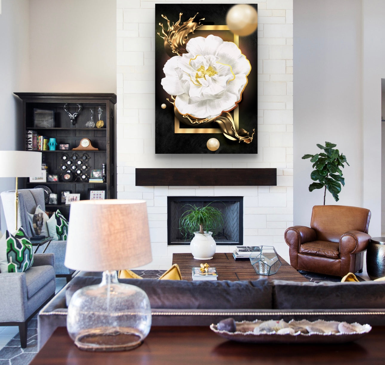 White flower tempered glass wall art