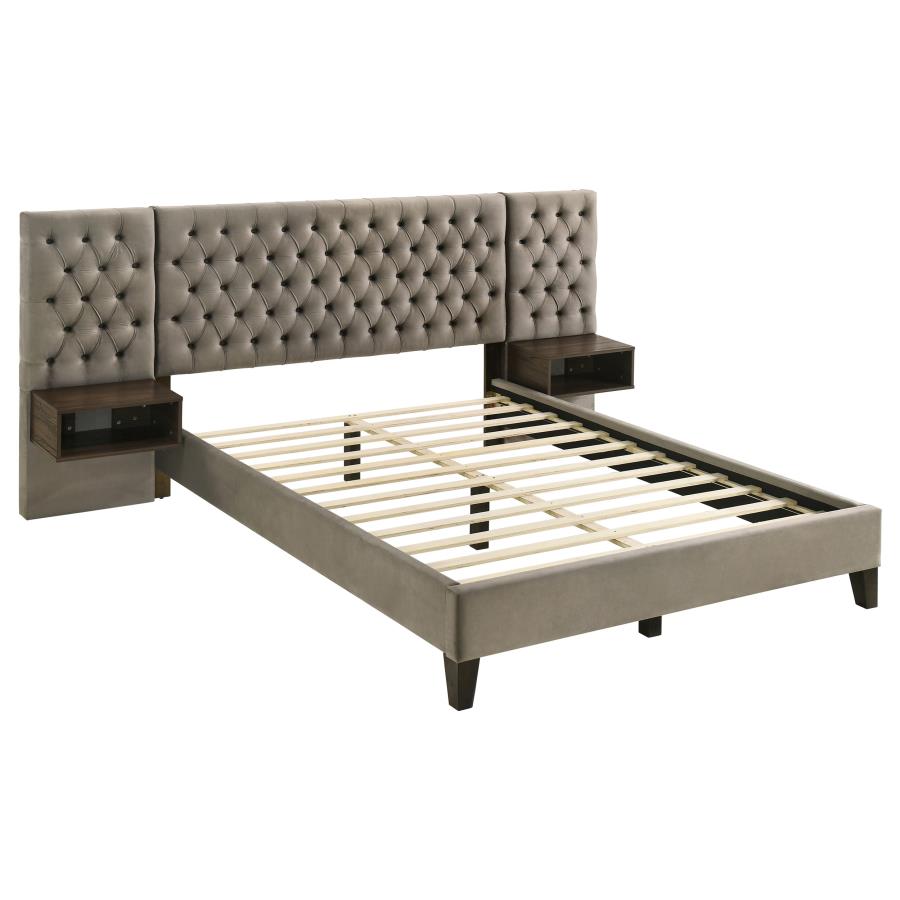 Marley Upholstered Queen Platform Bed with Headboard Panels Light Brown