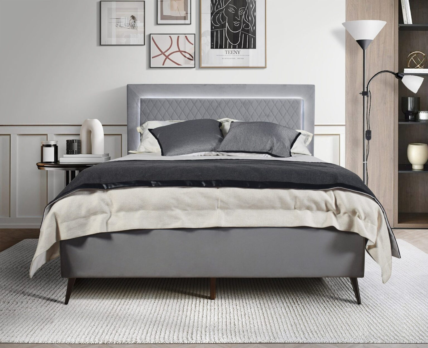 Manchester -  Upholstered Bed - LED lights Gray