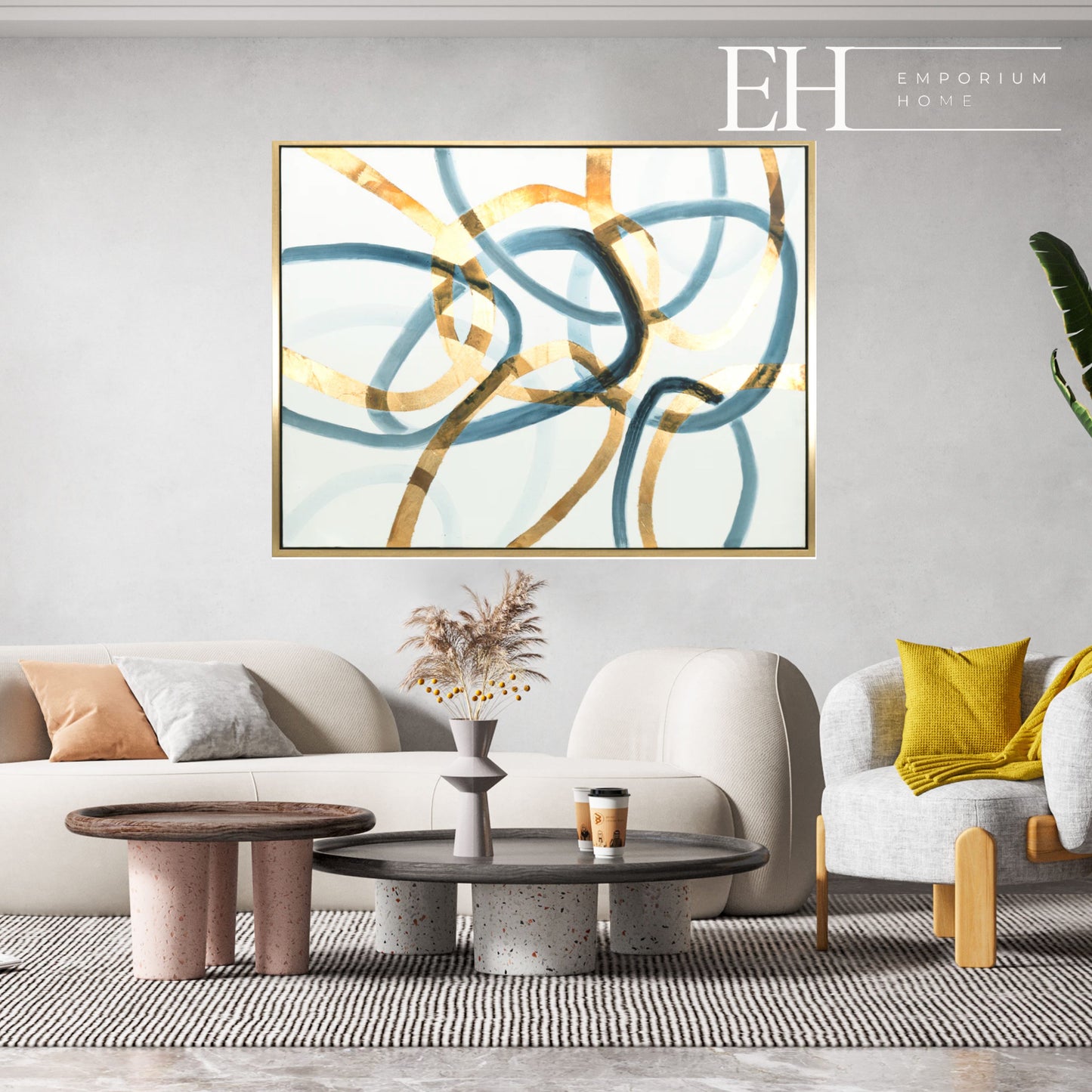 Blue/Gold Rings Abstract Wall Art Canvas Painting