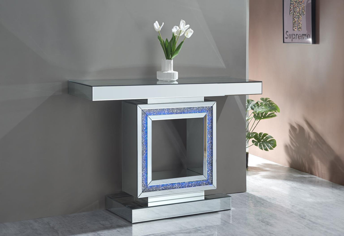 Square mirror console with LED lights