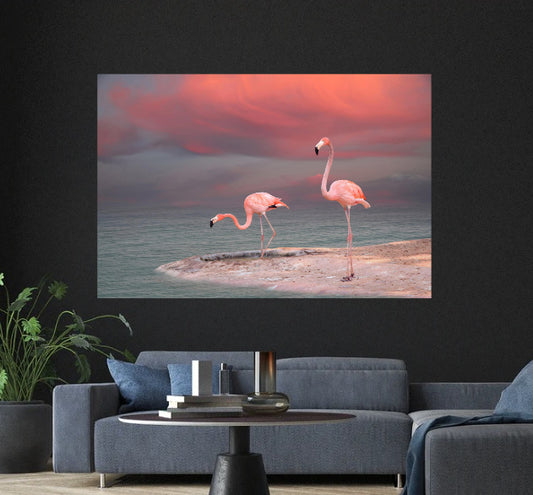 Flamingo Beach Tempered Glass Wall Art 60"W x 40"H