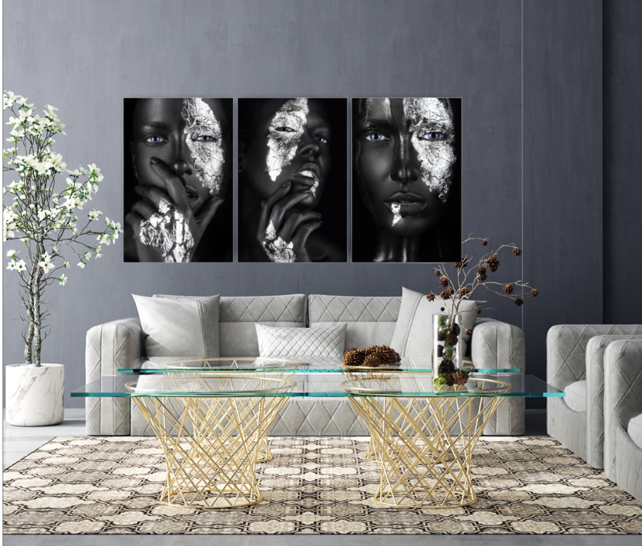 Silver ladys 3pcs tempered glass wall art