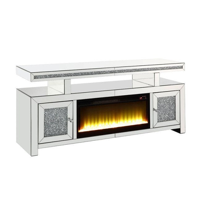 Hamish - Modern Mirrored & Faux Diamonds TV Stand with Fireplace