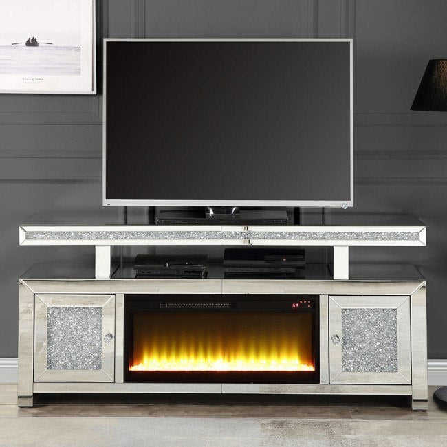 Hamish - Modern Mirrored & Faux Diamonds TV Stand with Fireplace