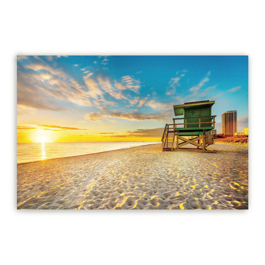Miami South Beach Sunrise With Lifeguard Tower And Coastline With Clouds Modern Tempered Glass Art