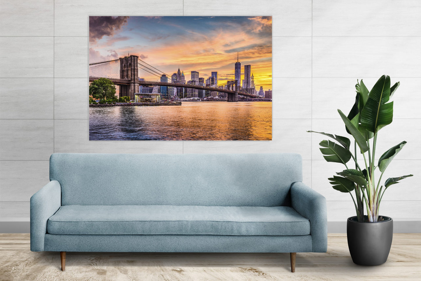 New York City Skyline On The East River With Brooklyn Bridge At Sunset Modern Tempered Glass Art