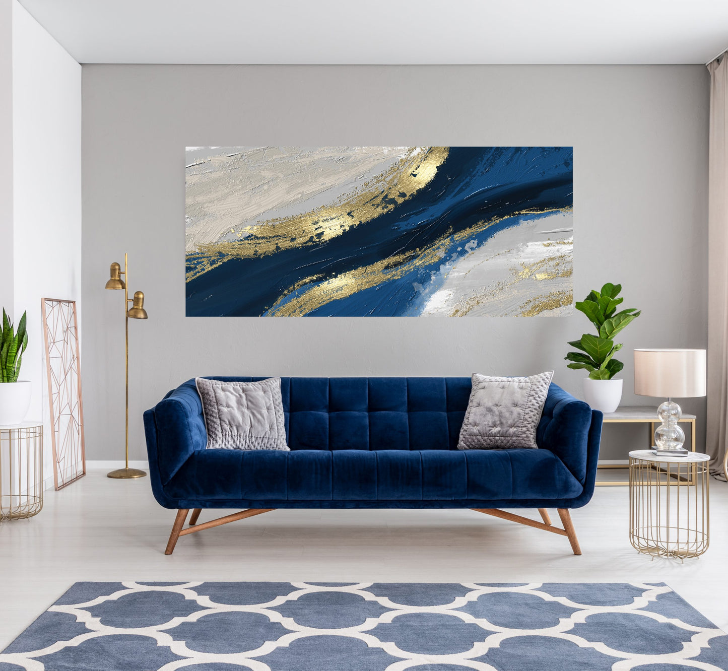 Blue Gold Abstract Tempered Glass Wall Art 47" x 24"