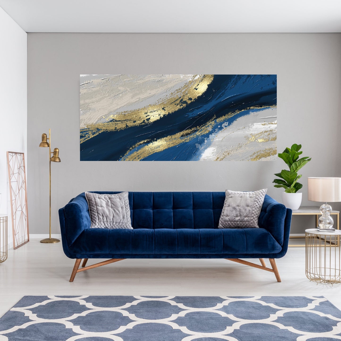 Blue Gold Abstract Tempered Glass Wall Art 47" x 24"