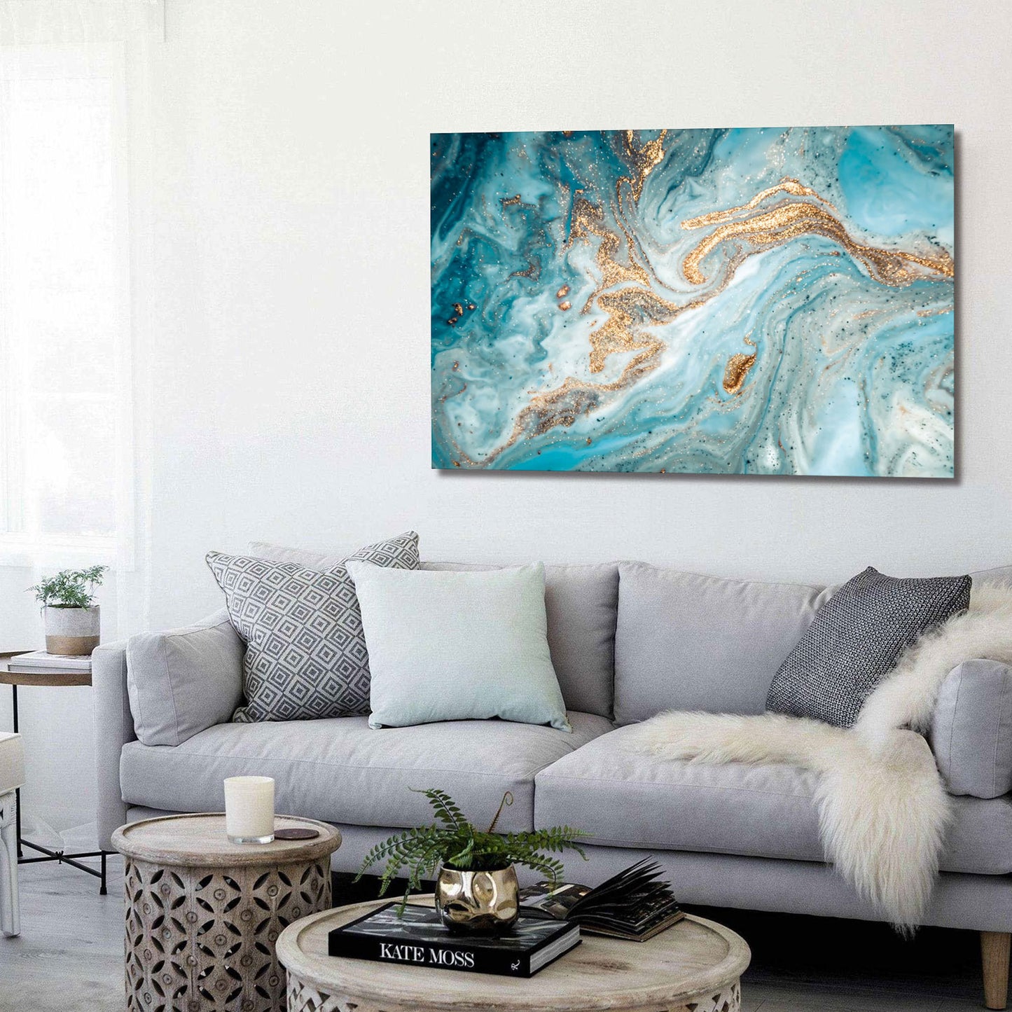 Teal Gold Abstract Tempered Glass Wall Art