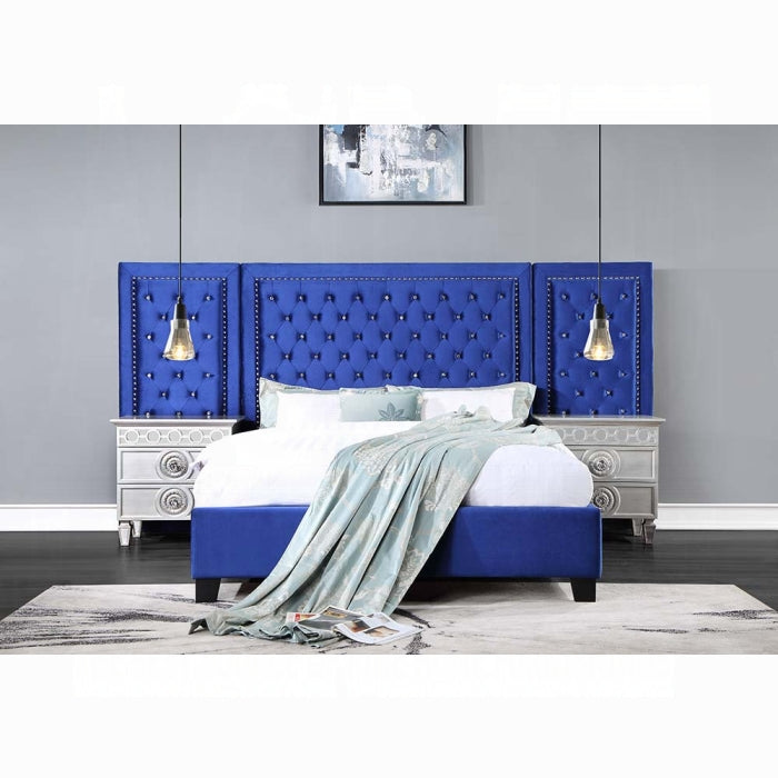 Damazy -  Upholstered Bed Royal Blue Platform with Panels