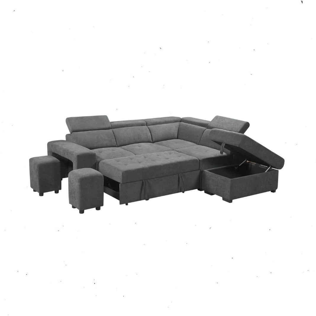 Henry Light Gray Sleeper Sectional w/ Storage and Stools