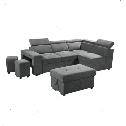 Henry Light Gray Sleeper Sectional w/ Storage and Stools