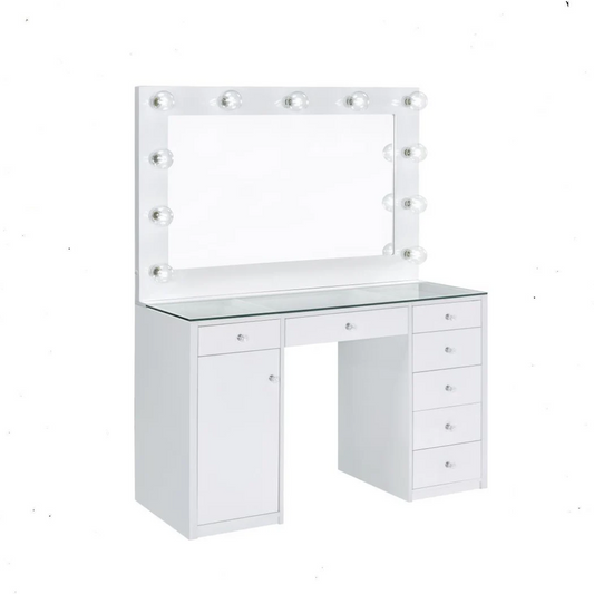 Percy - 7-Drawer Glass Top Vanity Desk With Lighting - White