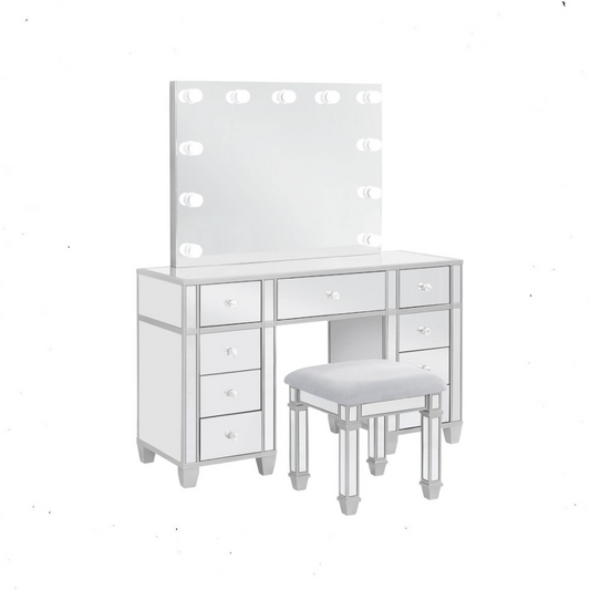 Allora 9-drawer Mirrored Storage Vanity Set with Hollywood Lighting Metallic