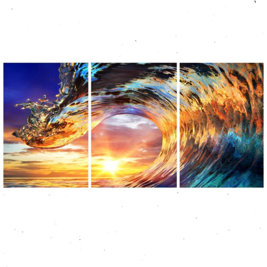 Ocean wave sunset 3 piece tempered glass wall art