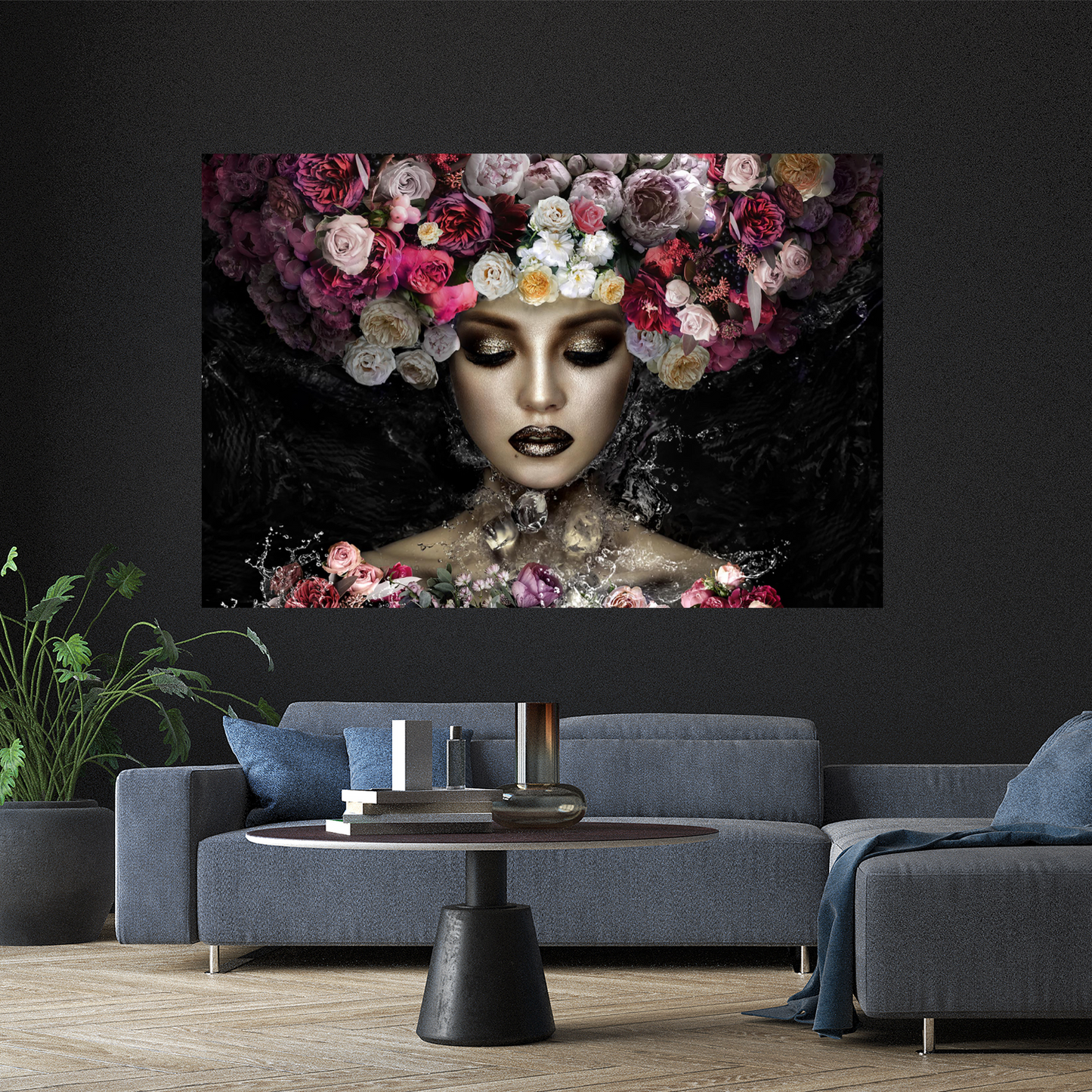 Aqua floral lady tempered glass wall art