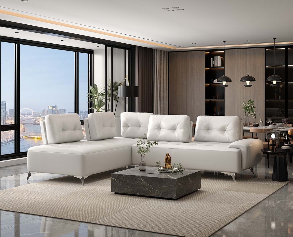 Turano - Sectional Sofa - Pearl White Geniuine 100% Leather