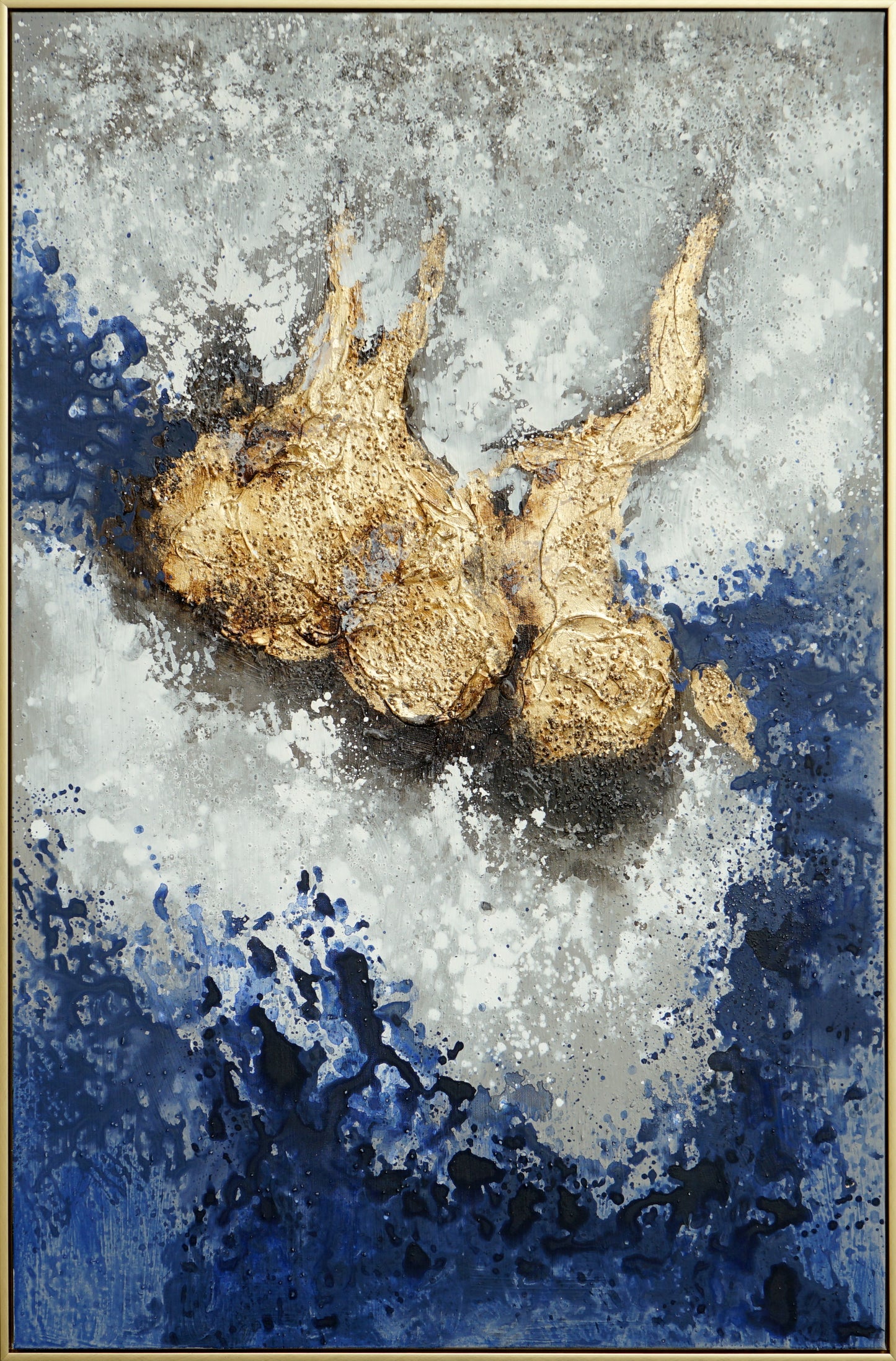 Hand Painted Textured Canvas With Foil In Frame Deepness In Gold 47 x 32