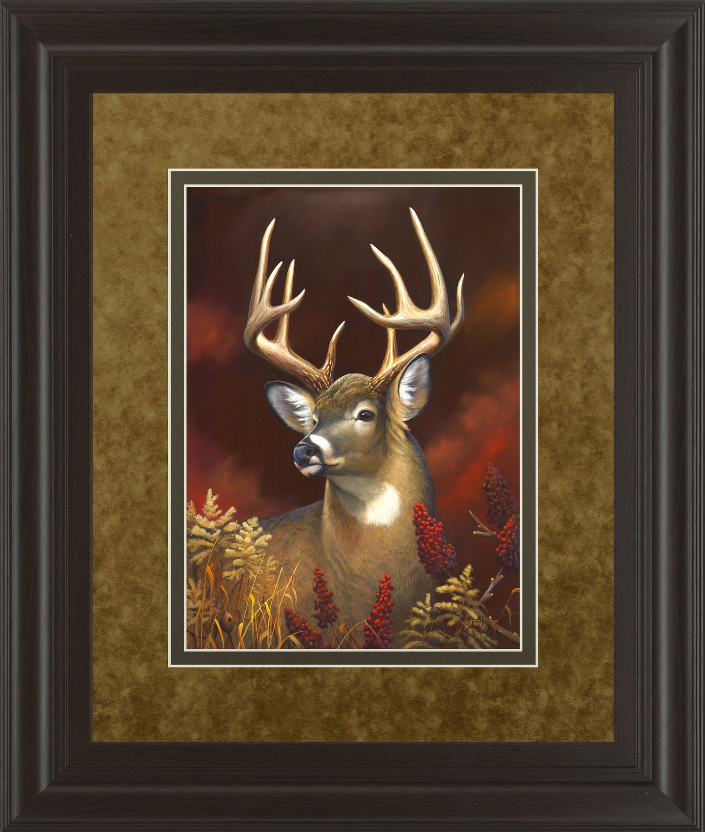 Deer Portrait By Leo Stans Double Matted - Framed Print Wall Art - Red
