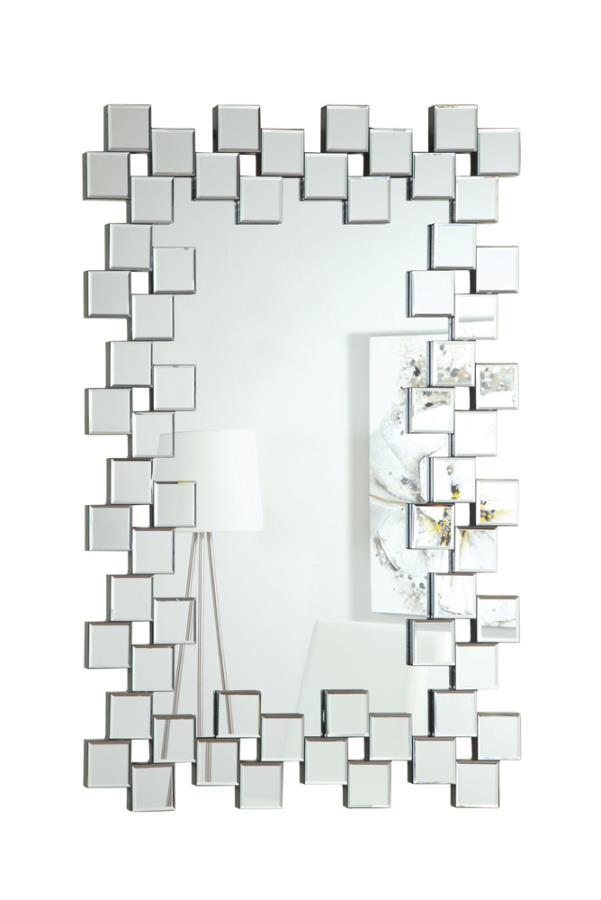 Pamela - Frameless Wall Mirror With Staggered Tiles - Pearl Silver