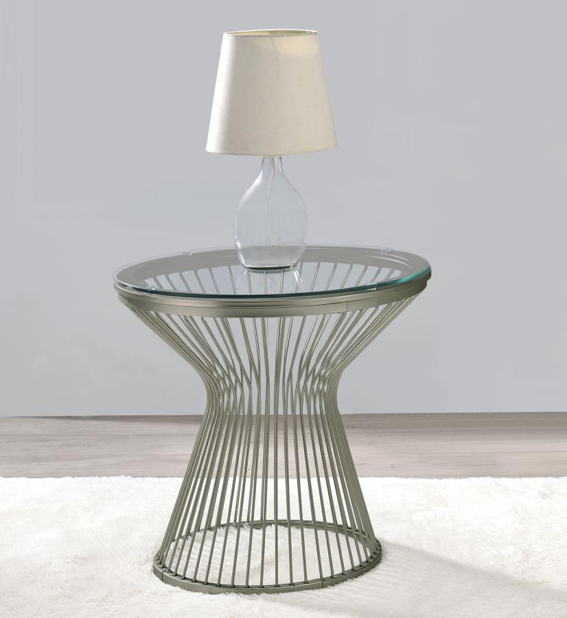 Mandy - Round Glass Top End Table - Pearl Silver