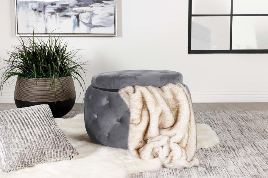 Angelina - Tufted Storage Round Ottoman - Steel Gray