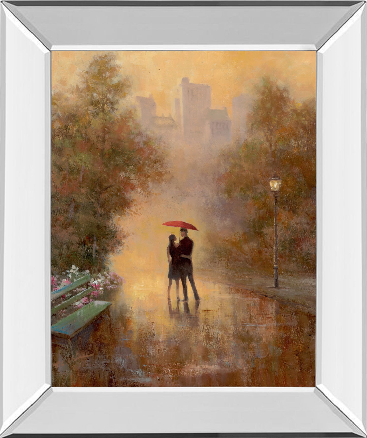 Walk In The Park I By T.C. Chiu - Mirror Framed Print Wall Art - Dark Brown