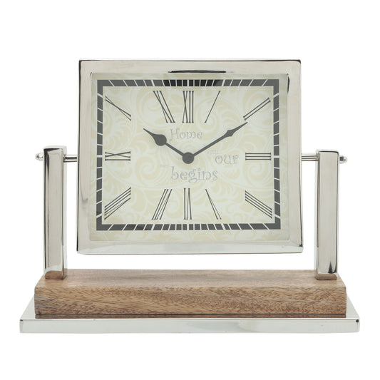 Metal / Wood Square Table Clock 12 x 10" - Silver