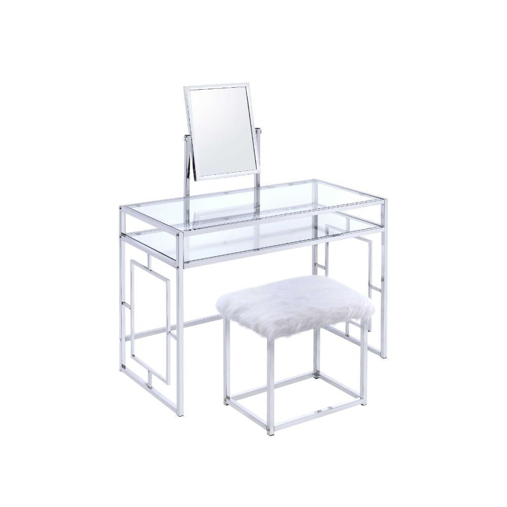 Carenze II - Vanity Desk - White Faux Fur & Chrome