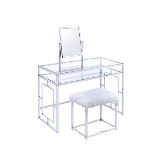 Carenze II - Vanity Desk - White Faux Fur & Chrome