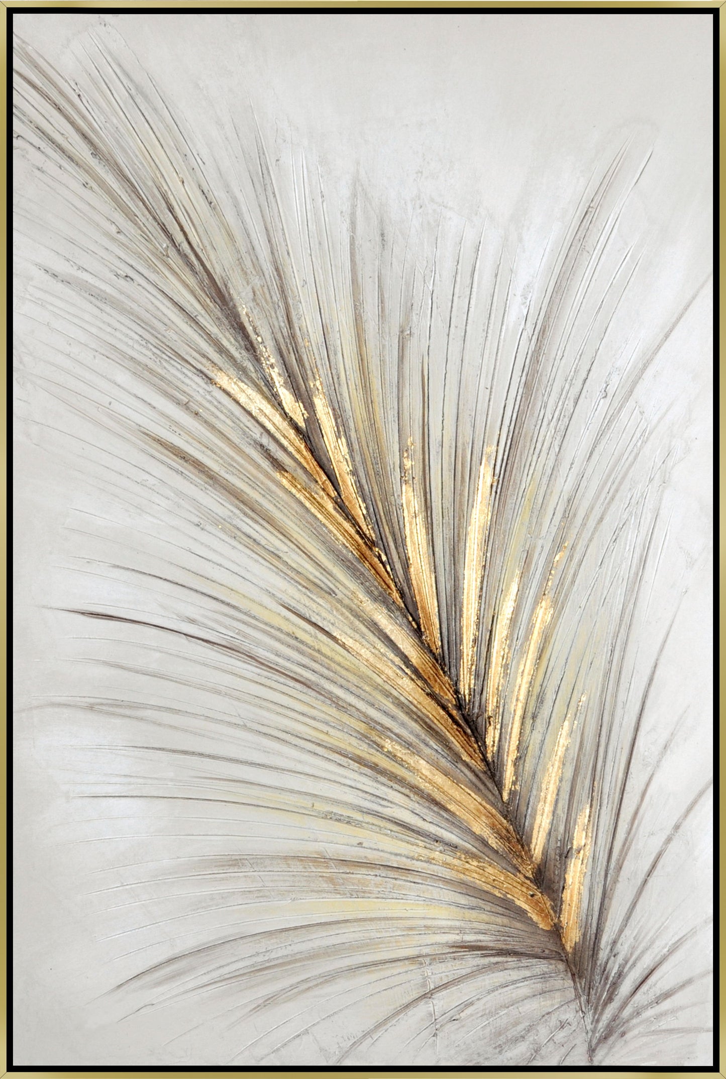 Hand Painted Textured Canvas With Foil In Frame Feather In Gold 35 x 24
