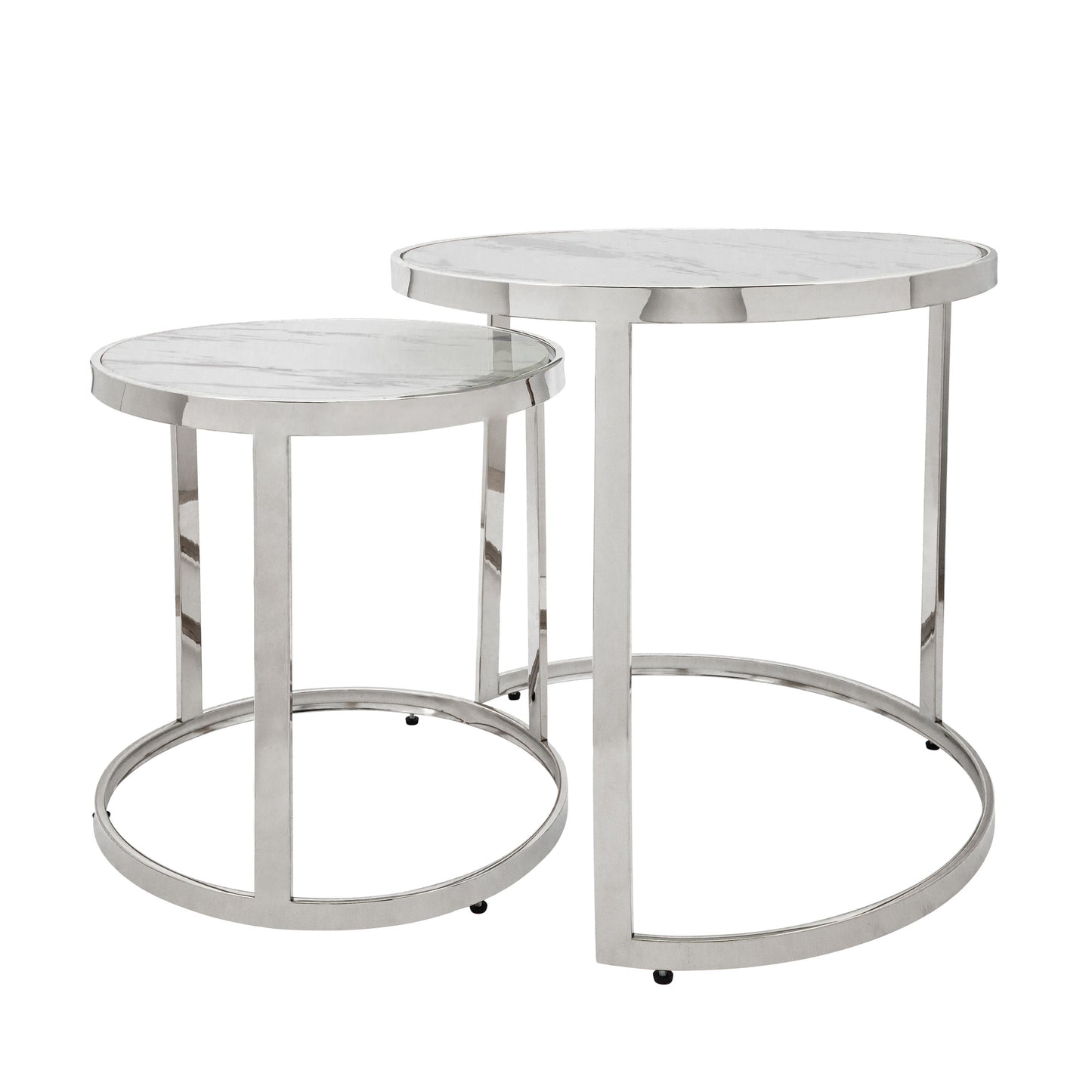 Metal / Marble Glass Round Side Table (Set of 2) - Silver