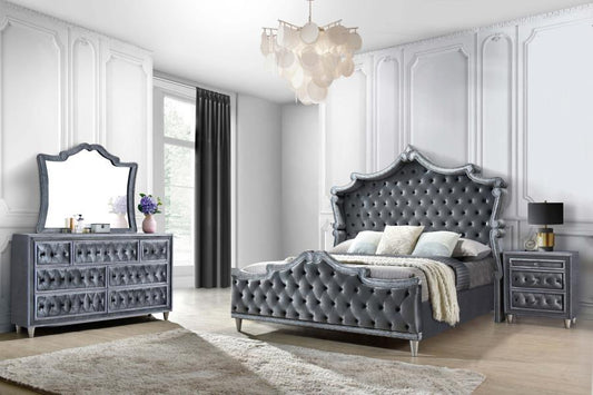 Antonella French Provincial 4 Piece Set Grey Velvet Bedroom Set