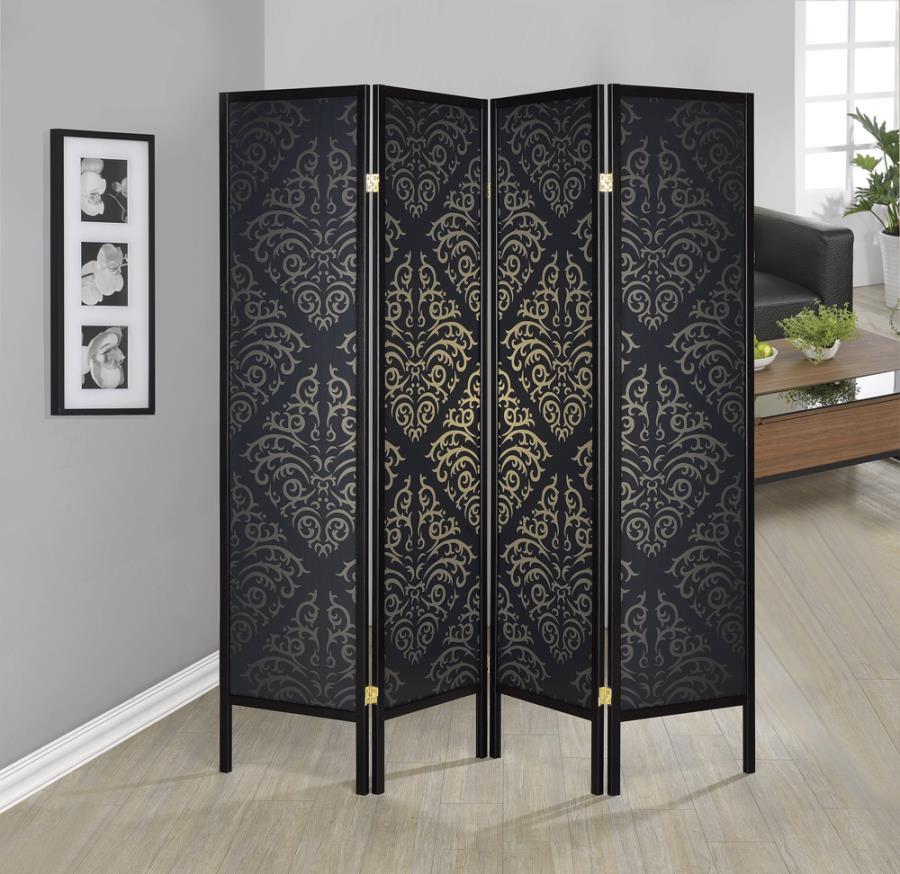 Haidera - 4-panel Damask Pattern Folding Screen - Black