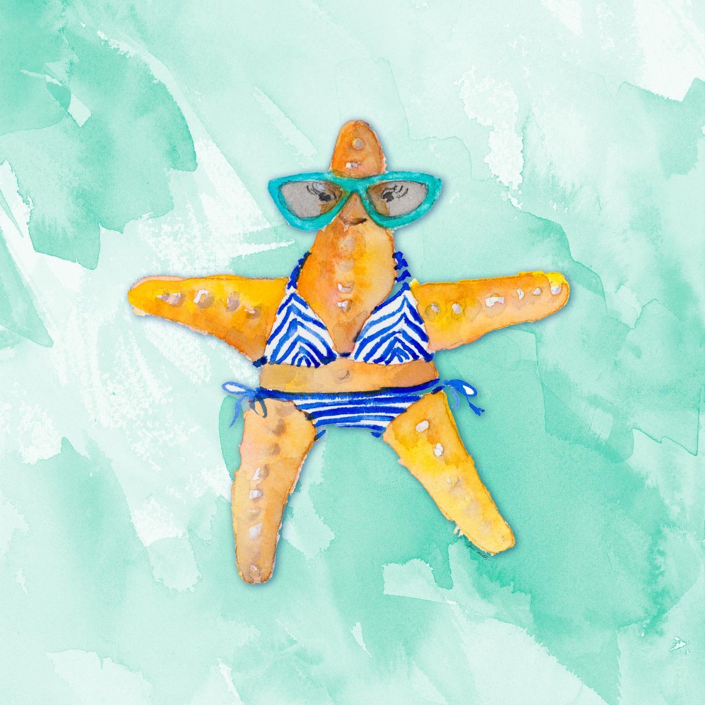 Small - Blue Bikini Starfish On Watercolor By Lanie Loreth