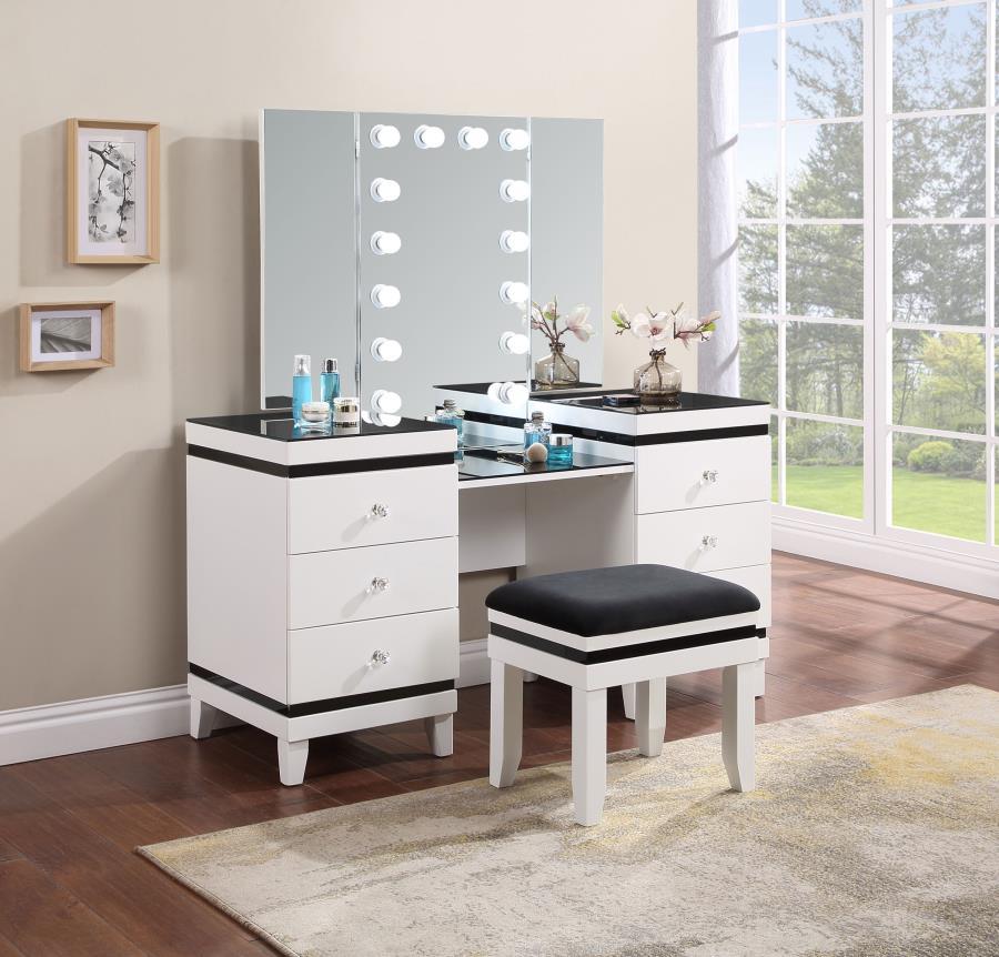 Tyla6-drawer Vanity Set with Hollywood Lighting Black and White