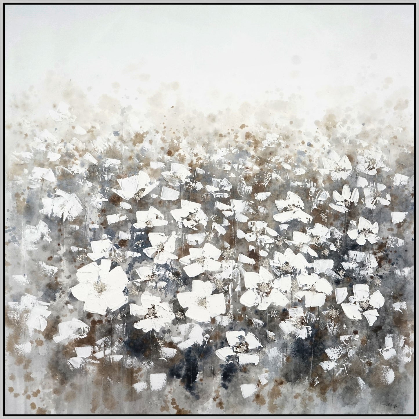Hand Painted Textured Canvas Glitter In Frame Full Of Flowers 39 X 39