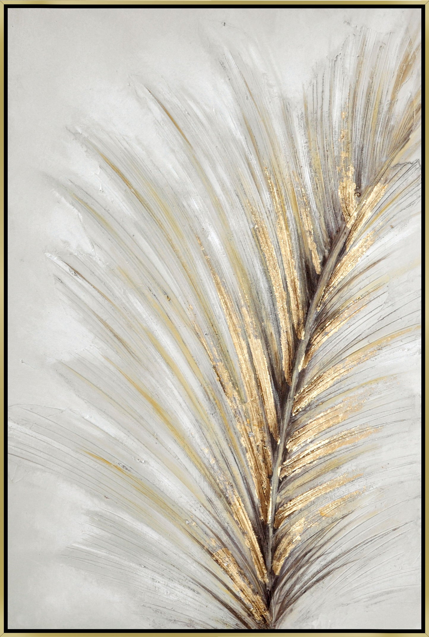 Hand Painted Textured Canvas With Foil In Frame Gold Feather 35 x 24