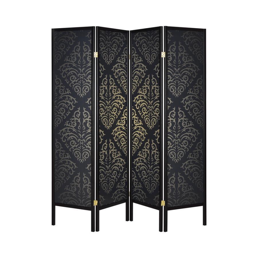 Haidera - 4-panel Damask Pattern Folding Screen - Black